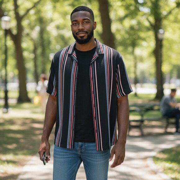 Shaquille XLG Big/Tall Mens XLT Black & Multi Striped Button Dress Shirt - Picture 1 of 6
